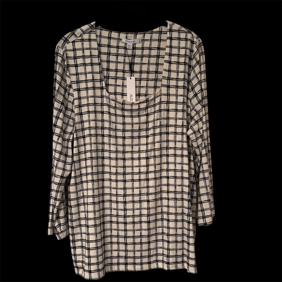Chicos Size 3 Black & Cream Grid Pattern Square-Neck Lined Shirt, 3/4 Sleeve NWT - Picture 2 of 15